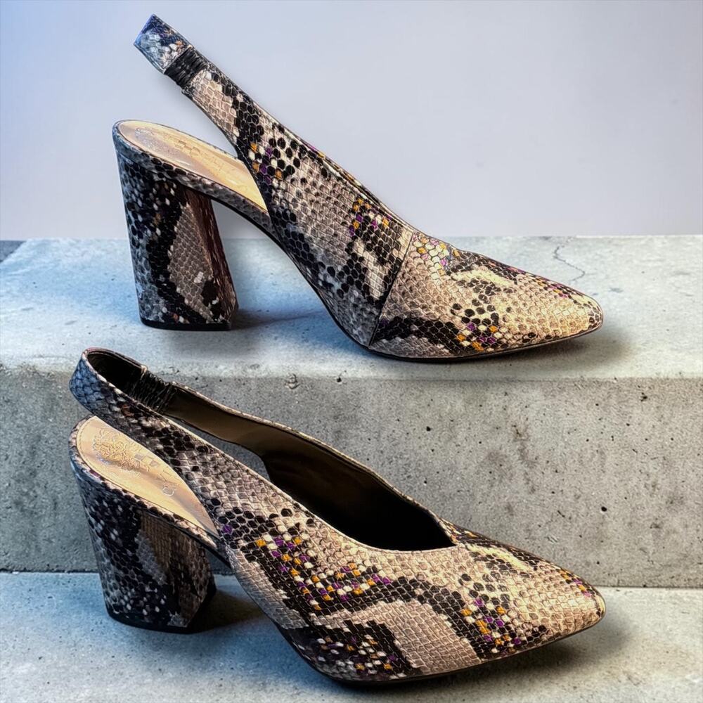 Size 11 VINCE CAMUTO Tashinta Snakeskin Leather Block Heel Slingback Pumps EUC